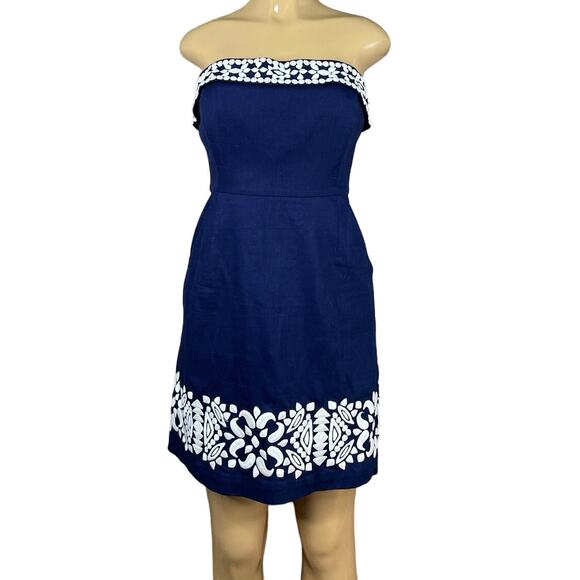Vineyard Vines Medallion Embroidered Strapless Dress Navy Blue Nautical Size 6 - Picture 1 of 9